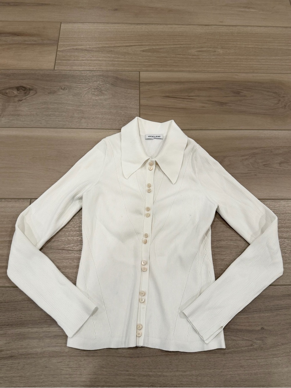 Veronica Beard Ribbed Button Down Top Shirt Cream Off-White Long Sleeve S/M